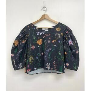 Dauphinette Bleeding Heart Linen Floral Puff Sleeve Cropped Blouse Top - Size 10